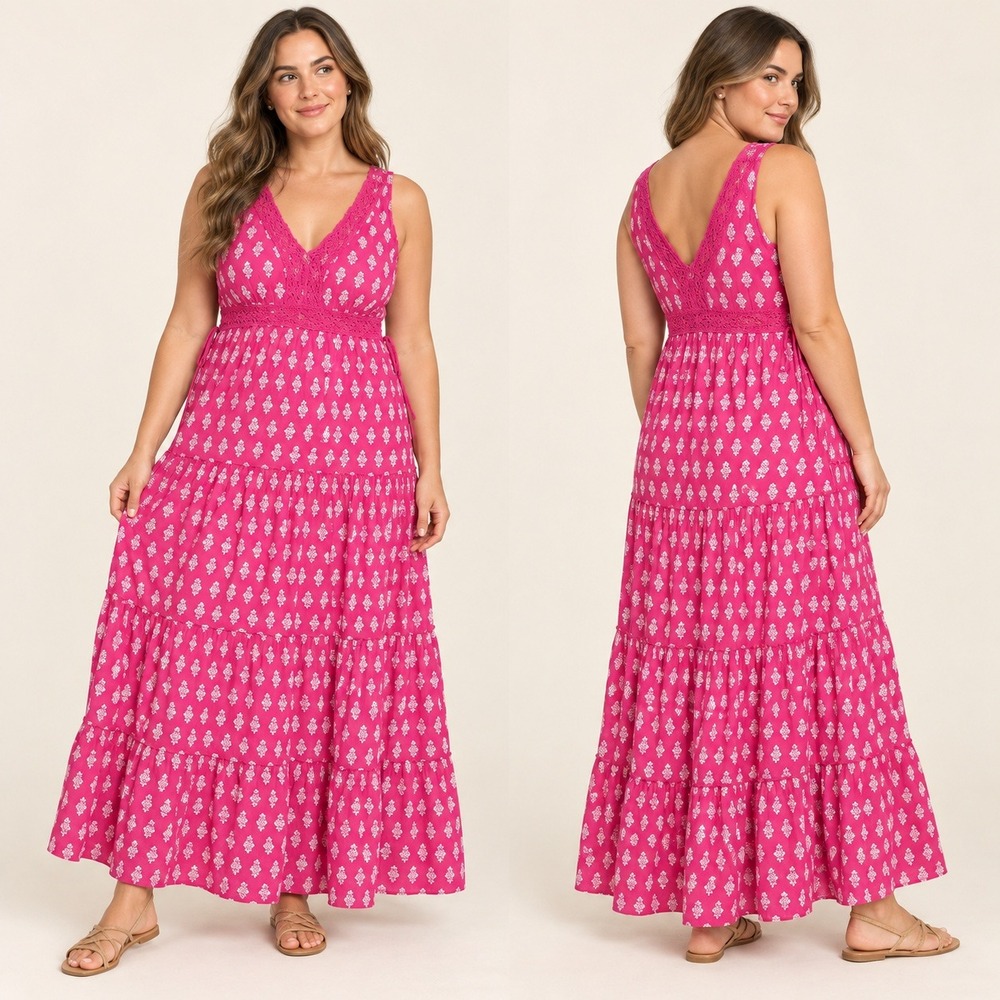 April Cornell Maxi Dress Womens Large Pink Floral Tiered Lace Trim Sleeveless